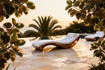 Relaxing outdoor setting with elegant lounge chairs, palm trees, and a stunning view of the ocean at duskの写真素材