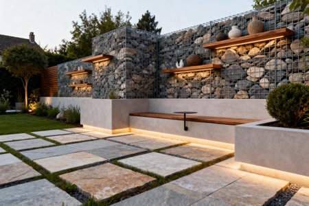 This contemporary garden design features a stylish gabion wall, integrated seating, and decorative elementsの写真素材