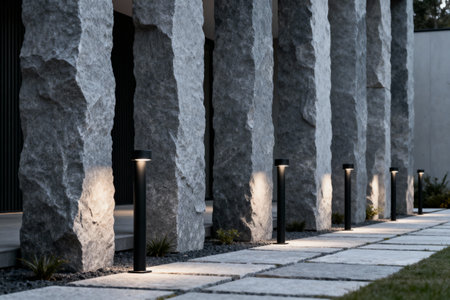 The contemporary building features large stone pillars, a lit pathway, and a minimalist design, creating a striking visualの写真素材
