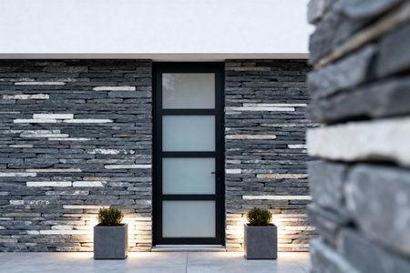 A contemporary home entrance features a stylish stone facade, a sleek black door, and decorative lightingの写真素材