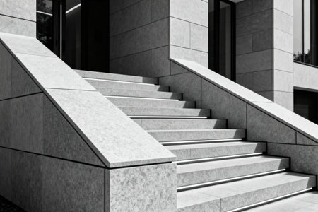 The image showcases a contemporary building entrance with a focus on geometric shapes and clean linesの写真素材