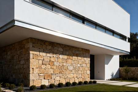 This contemporary home features a striking combination of natural stone and sleek white walls, creating a beautiful contrastの写真素材