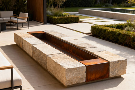 This contemporary fire pit is the centerpiece of a beautifully landscaped outdoor living spaceの写真素材