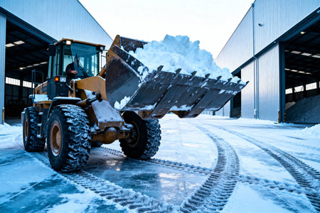A yellow front-end loader is shown removing a large amount of snow from a warehouse entrance on a cold winter dayの写真素材