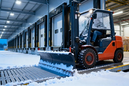 A forklift with a snowplow attachment is removing snow from a loading dock at a warehouse during...
