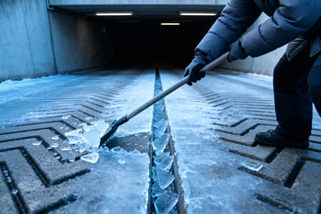 A person is using a shovel to remove ice from a ramp, likely to prevent accidents