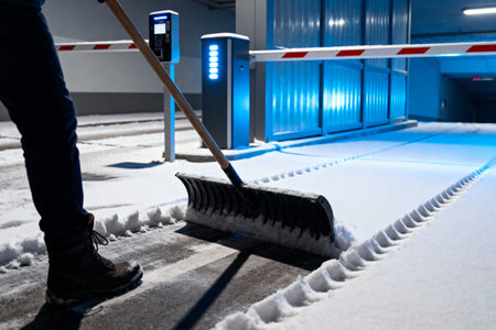 A worker uses a snow shovel to clear the entrance to a parking garage during a winter storm
