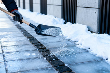 A person uses a shovel to spread salt on a slippery, ice-covered walkway to prevent falls during winter weatherの写真素材