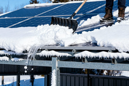 A person is clearing snow from solar panels, ensuring optimal energy production during winter