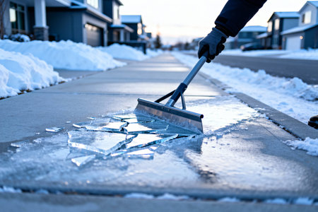 A person uses a scraper to break up ice on a sidewalk in front of houses on a cold winter dayの写真素材
