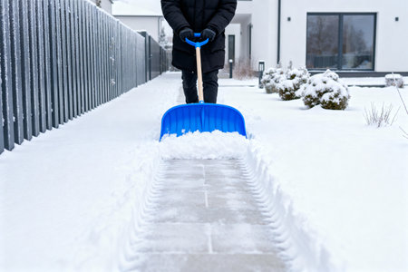 A person is clearing a path through the snow with a blue shovel, maintaining a walkwayの写真素材