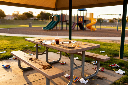 A picnic table is covered in trash and spills, with a playground in the backgroundの写真素材