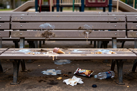 An ice cream cone, snack wrapper, and water bottle litter a park bench, suggesting a careless actの写真素材