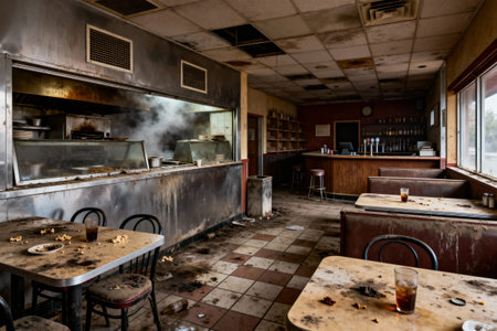 The interior of this abandoned diner shows the effects of time and neglect, with tables covered in debrisの写真素材