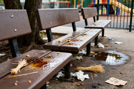 The benches are covered in crumbs, trash, and water, suggesting a lack of upkeep in the public spaceの写真素材