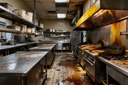 An empty, neglected restaurant kitchen shows signs of disrepair and abandonment, with grease and grime covering the surfacesの写真素材