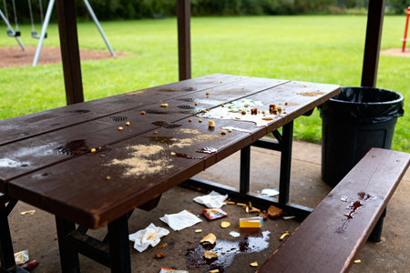 A picnic table is covered in food and trash, suggesting a lack of cleanup after a meal at a parkの写真素材