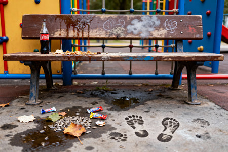 A park bench is covered in a sticky mess of spilled soda, food, and trash, showing a lack of careの写真素材