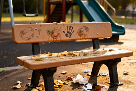 A park bench is covered in food crumbs, handprints, and other messes, suggesting recent activityの写真素材