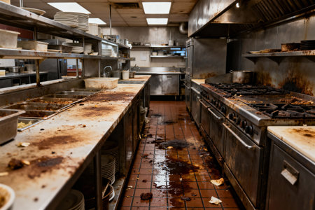 This image shows a neglected restaurant kitchen with a lot of dirt and food waste on the surfaces and floorの写真素材