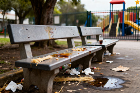 A park bench is covered in food and trash, with a playground in the background, suggesting a lack of cleanlinessの写真素材
