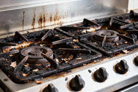This image shows a dirty stove top, highlighting the need for thorough cleaning and maintenance in a professional kitchenの写真素材