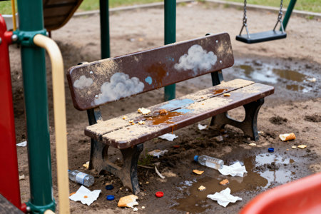 A neglected park bench is covered in trash and food waste, creating an unpleasant sceneの写真素材