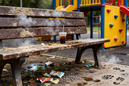 A park bench is covered in trash, food, and a spilled drink, with a playground in the backgroundの写真素材