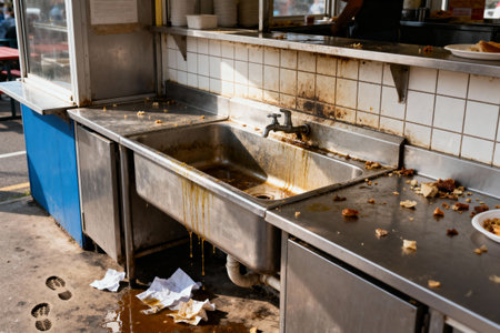 The stainless steel sink and counter are covered in food debris, suggesting a busy food service environmentの写真素材