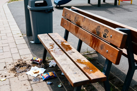 The wooden bench shows signs of wear and tear, surrounded by trash and puddles on the pavementの写真素材