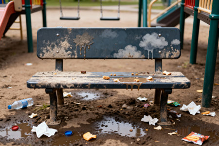 A neglected park bench sits in a muddy playground, surrounded by litter and puddles of waterの写真素材