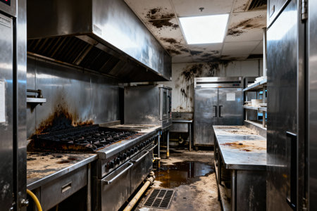 This image shows a commercial kitchen in a state of disrepair, with visible fire damage and potential health hazardsの写真素材