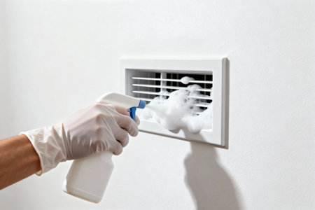 A glove hand sprays foam cleaner into a white air vent, promoting a cleaner home environmentの写真素材