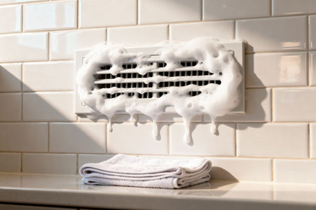 A close-up shot shows a vent being cleaned with soapy foam, with a folded white towel belowの写真素材