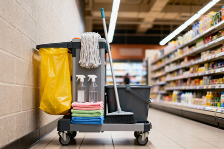 A cleaning cart is ready for use in a supermarket, with shelves of products in the backgroundの写真素材