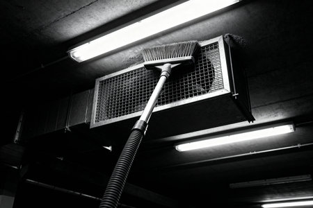 A person is cleaning a large air vent with a brush, removing dust and debris in a dimly lit spaceの写真素材