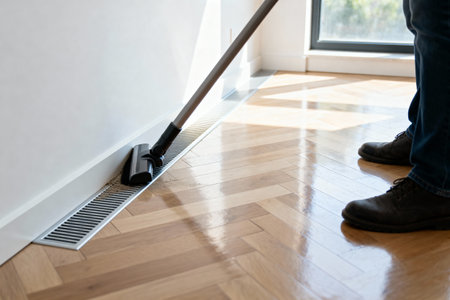 A person vacuums a floor vent, keeping the home clean and free of dust and debrisの写真素材