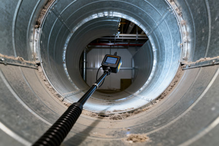 A camera is used to inspect the inside of an air duct for dust and debris, ensuring proper airflowの写真素材