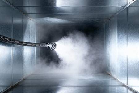 A professional cleaning service uses steam to sanitize and remove contaminants from an air duct systemの写真素材