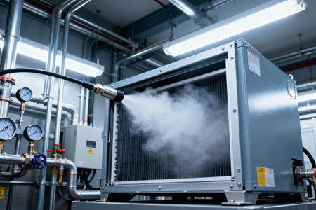 A technician uses a steam cleaner to sanitize an industrial air conditioning unit, ensuring optimal performanceの写真素材
