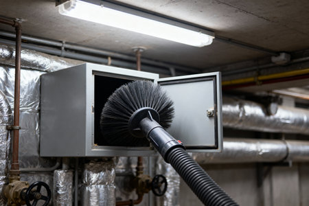 A large brush is used to clean the inside of a utility box in an industrial settingの写真素材