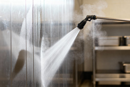 A worker is using a high-pressure sprayer to clean a stainless steel wall in a commercial kitchenの写真素材