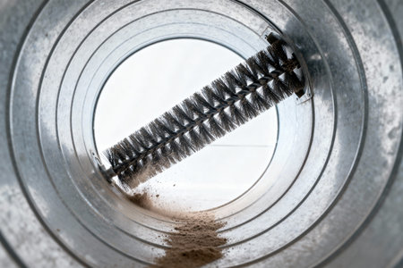 A close-up view shows a brush cleaning the inside of a metal duct, removing dust and debrisの写真素材