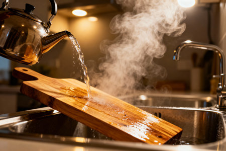 A stainless steel kettle pours steaming water over a wooden cutting board in a kitchen sink, creating a warm, inviting sceneの写真素材