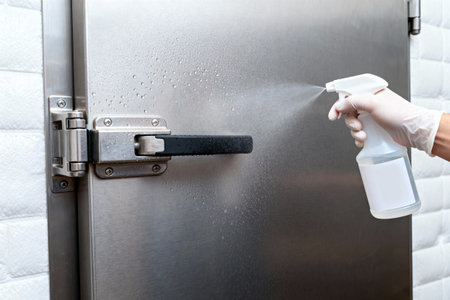 A glove hand sprays a cleaning solution onto a metal door, promoting cleanliness and safetyの写真素材