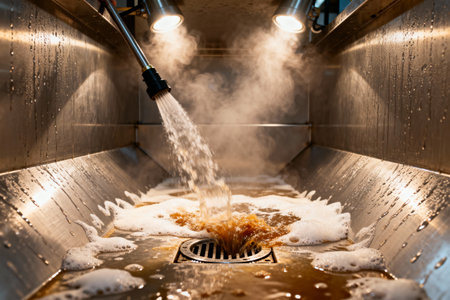 A close-up shot of a stainless steel sink being cleaned with a water jet, creating steam and foamの写真素材