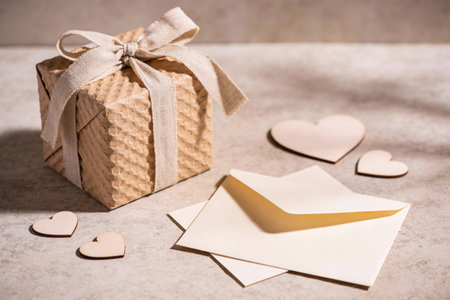 A beautifully wrapped gift box sits beside cream-colored envelopes and delicate wooden heart shapes,...