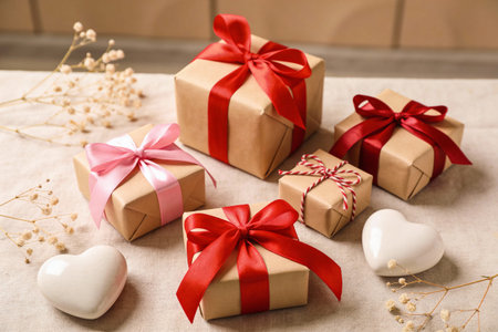 Several kraft paper gift boxes adorned with red and pink ribbons, alongside white heart-shaped...