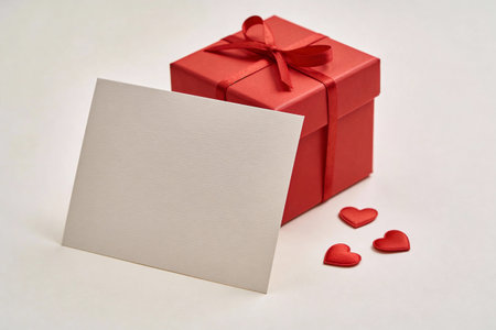 A festive red gift box tied with a ribbon sits next to a blank card and three small heart...