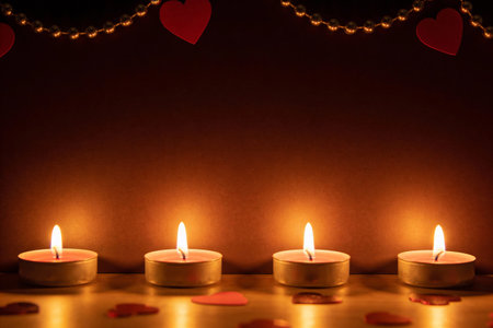 Four lit tea candles casting a warm glow on a reflective surface, adorned with heart shapes and a...
